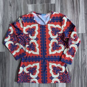 J.MCLAUGHLIN Top Size XS 'Pinwheel Patch' Catalina Cloth Top Red Navy Tan Preppy